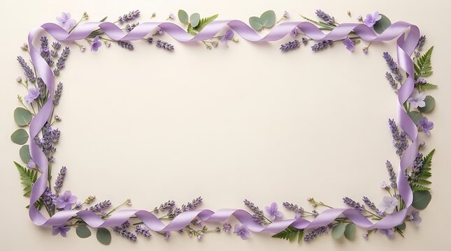A lavender ribbon and botanical arrangement forms a delicate rectangular frame against a neutral background floral border violet purple eucalyptus
