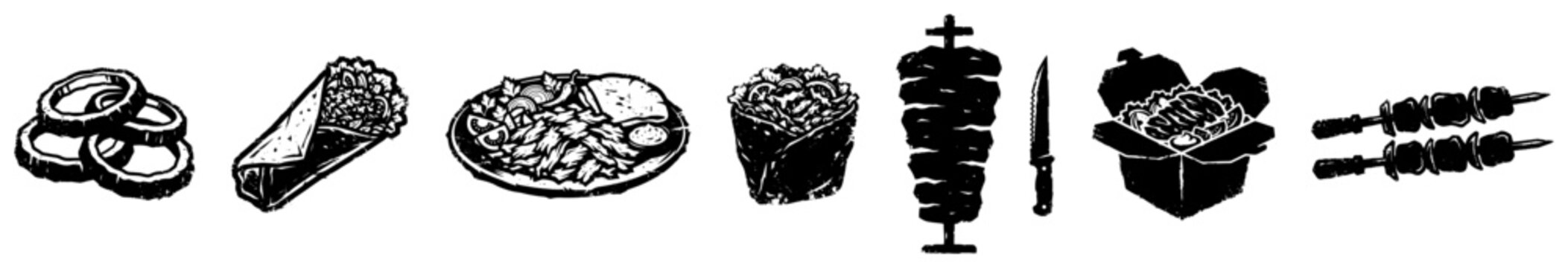 Doner kebab and street food set with meat spit wrap skewers and takeout box in linocut style