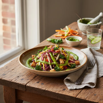 Colorful Shredded Vegetable Salad with Green Herb Dressing Served on Rustic Wooden Table