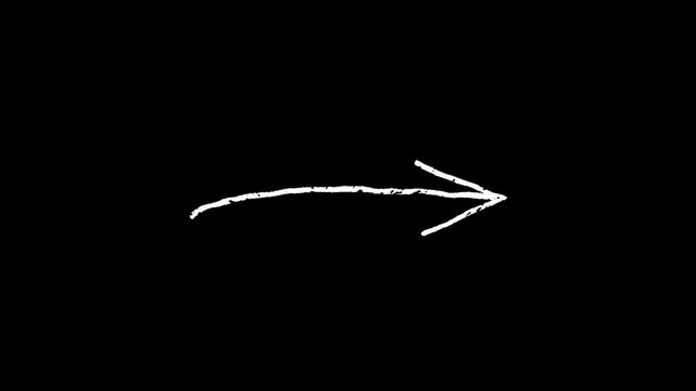 Animated white doodle sketch arrow pointing right on black background for educational tutorial emphasis, whiteboard presentation indicator, direction signs and hand drawn visual marker clip.