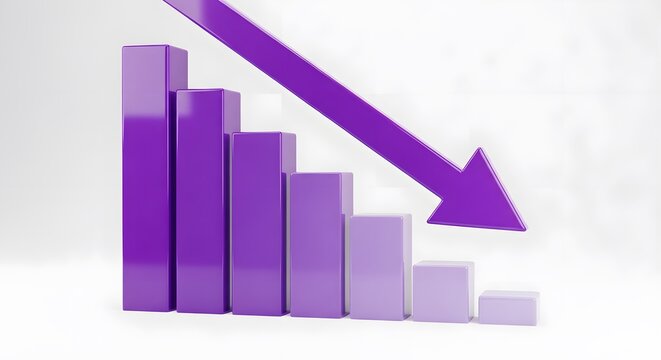 A decreasing purple bar graph with a downward pointing arrow illustrates financial loss or concerning negative business trends