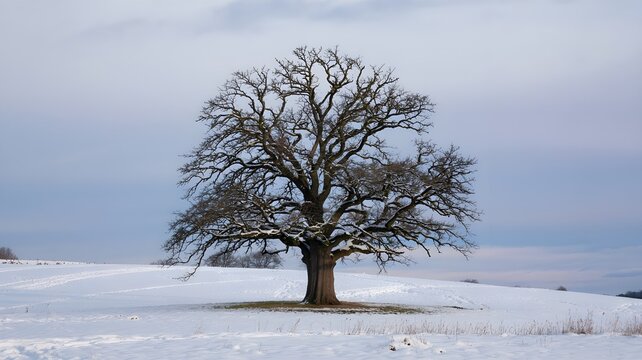 A majestic, large, ancient oak tree standing alone in a vast, snowcovered field under a soft, overcast winter sky the bare branches of the tree are dusted with light snow