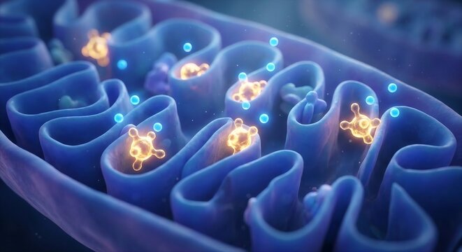 Mitochondria cristae membrane with glowing molecule inside cell