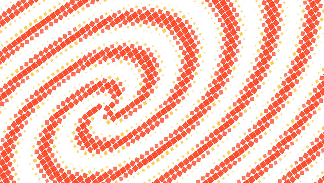 Abstract pattern of orange and yellow squares arranged in a swirling spiral on a black background, for a geometric, wallpaper texture effect isolated on a transparent background