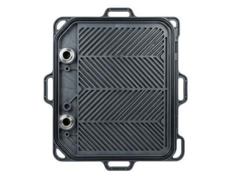 Industrial plate heat exchanger component with patterned surface isolated on transparent background for thermal management systems