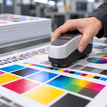Handheld Spectrophotometer Measuring Print Colors on Test Sheet