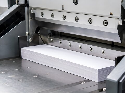 Stack of White Paper in Industrial Guillotine Cutting Machine