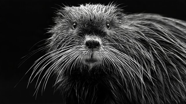 Close up portrait of a wet muskrat with long whiskers