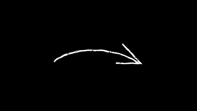 White curved hand drawn arrow animation arching to the right on a dark background for highlighting details, educational whiteboard pointers, tutorial indicator and direction motion graphics.