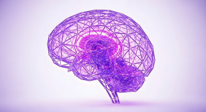 An abstract glowing purple brain illustration symbolizes intelligence neural networks and complex advanced cognitive functions within the human mind