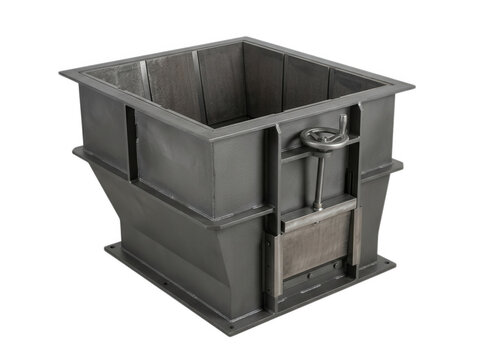 Heavy duty square industrial metal hopper with manual gate valve isolated on transparent background for bulk material handling systems