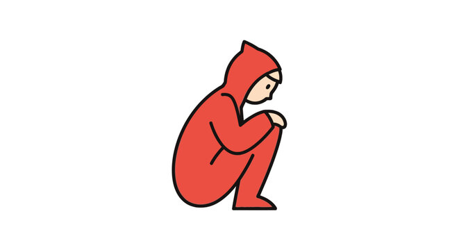 Sad Person Wearing Red Onesie Sitting Down.