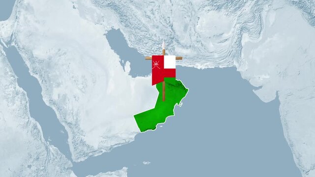 Oman map and national flag animation floating over Middle East