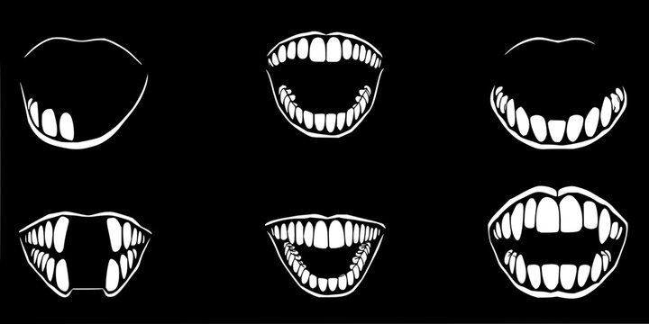 Teeth set with six minimalist dental illustrations arranged in a 2x3 grid against solid black background featuring teeth, expression, shape with line art and illustration