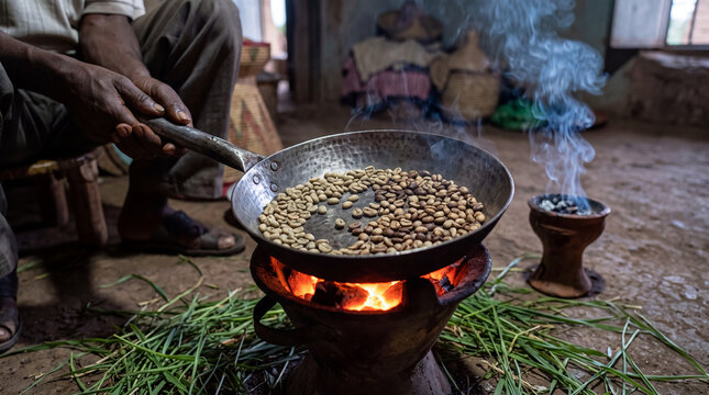 Ethiopian man roasting coffee beans in a traditional metal pan over a charcoal brazier for a coffee ceremony.