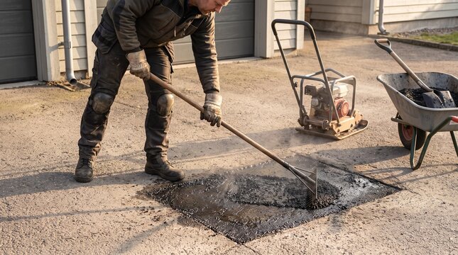 Worker leveling hot asphalt with a lute rake during a pothole repair on a residential driveway
