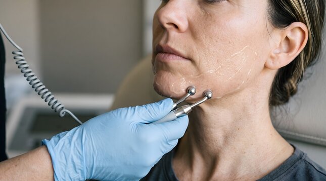 Esthetician performing microcurrent facial treatment on woman's jawline using metal probes and conductive gel.