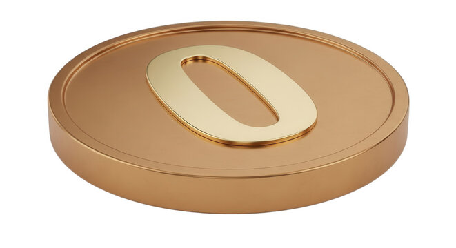 Bronze coin with golden zero numeral centered during bright studio lighting for finance concept