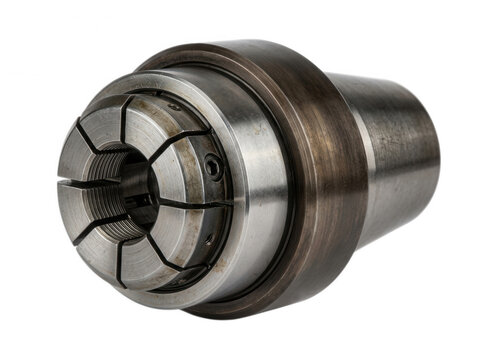 Heavy duty tapered steel collet chuck for CNC machine spindle isolated on a transparent background for industrial hardware