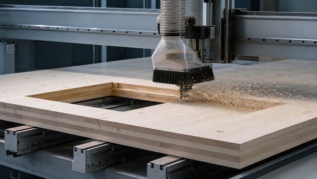 CNC gantry router cutting a rectangular window opening in a cross-laminated timber panel in a factory.