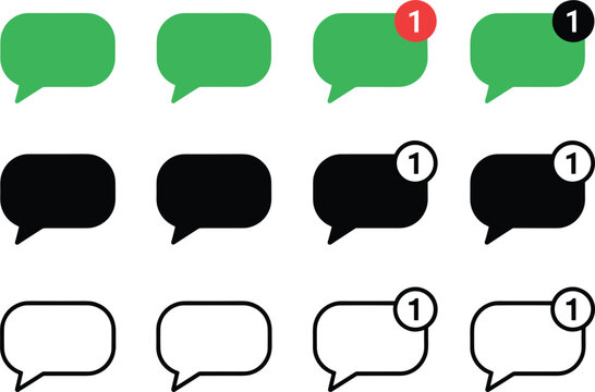 Green black and outline chat bubble icons with unread message notification badges for digital communication messaging user interface