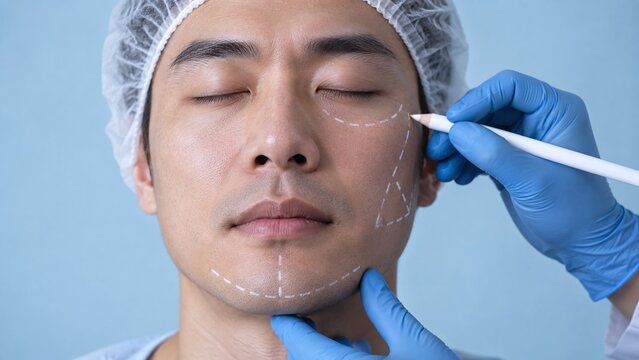Surgeon marking an Asian man's face with a white pencil before plastic surgery