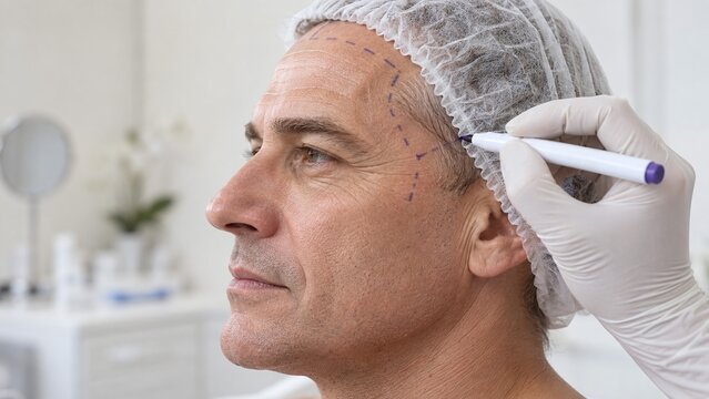Surgeon marking preoperative lines on a male patient for facial plastic surgery