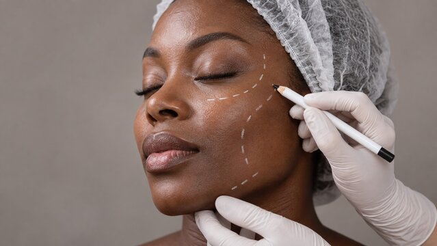 Plastic surgeon drawing preoperative markings on the face of a Black woman for a cosmetic procedure.
