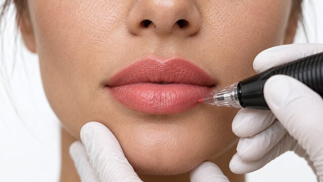 Cosmetologist applying permanent makeup to a woman's lips using a micropigmentation machine.