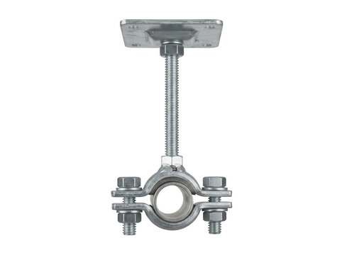 Adjustable steel pipe clamp assembly with threaded rod and mounting plate isolated on a transparent background for construction