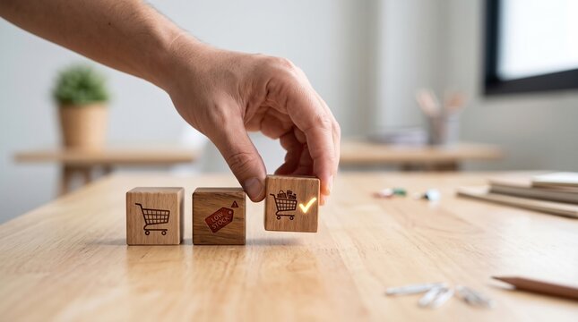 E commerce sales growth concept with wooden cubes showing empty cart and low inventory transformed into full shopping cart and successful checkout on white desk with copy space