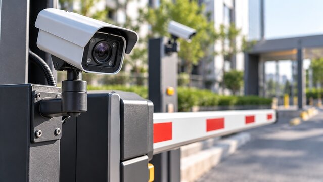 Security camera monitoring automatic parking entrance and barrier gate, representing vehicle surveillance, access control and parking facility protection.