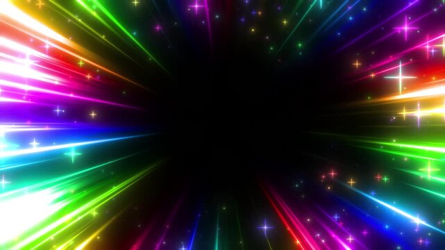 カラフルなキラキラ光る光の集中線の枠のエフェクト背景の動画