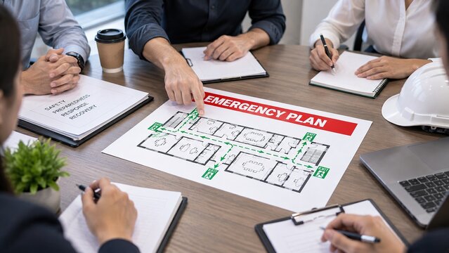Employees reviewing an emergency evacuation plan during workplace safety meeting, representing crisis management, preparedness and business continuity planning.
