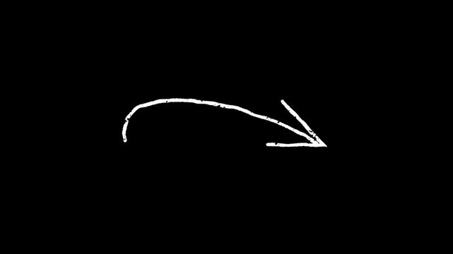 Hand drawn arching downward arrow animation sketching on a black background for pointing down, tutorial marker emphasis, whiteboard presentation indicator and educational direction graphics.