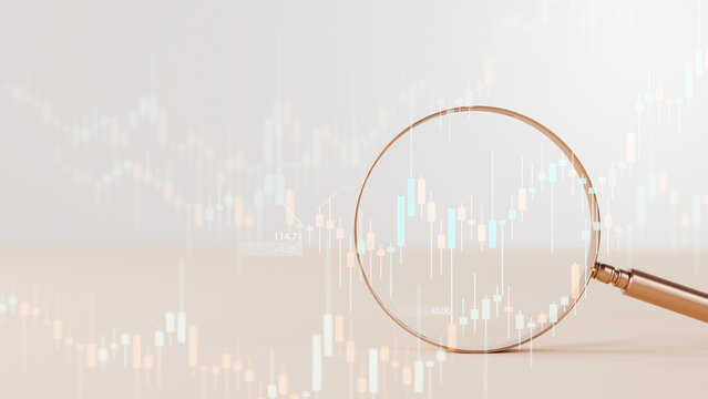 Magnifying glass examining candlestick price charts, analyzing stock market trends on a neutral beige background representing financial data and growth