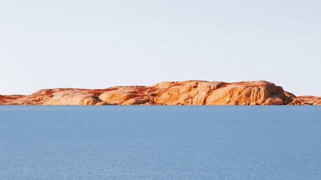 Flat blue lake water meets a rugged orange rock rim under a pale sky, a minimalist travel landscape with copy space for banners