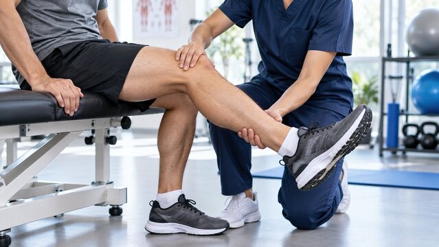 Patient performing knee rehabilitation with physical therapist, representing joint mobility, injury recovery, orthopedic treatment and physical therapy.