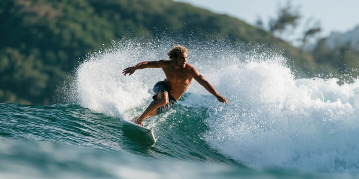 Male surfer riding a steep breaking wave with dramatic spray for coastal action sports banner and outdoor adventure background