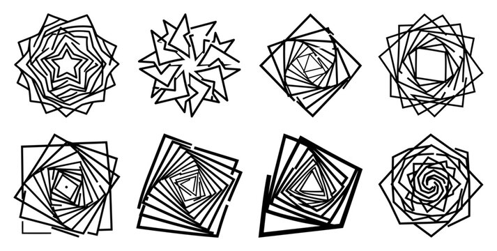 Geometric optical illusion vortex shapes set with rotated polygon wireframes in linear line art style