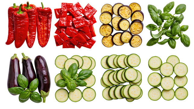 Assorted fresh ingredients for ratatouille with peppers eggplant zucchini and basil isolated on transparent background PNG cutout