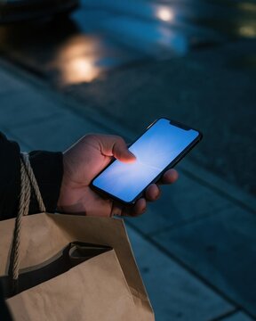 Black friday sale mobile shopping with a man's hand holding a glowing blank phone screen over wet asphalt, mockup for app marketing