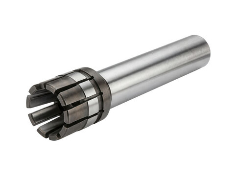 Precision metal collet chuck tool for machine spindle isolated on transparent background for industrial milling and manufacturing