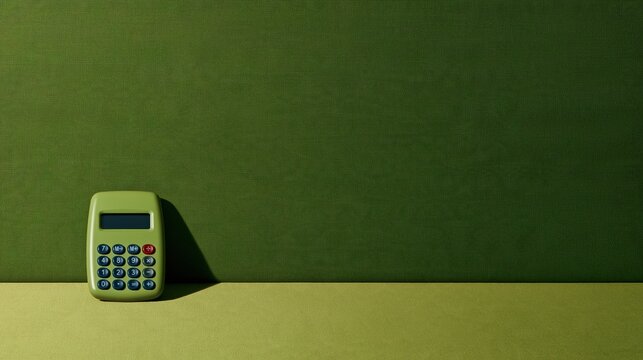 Pocket calculator in muted sage green on a matching surface with soft side lighting and generous copy space for budget and retirement planning