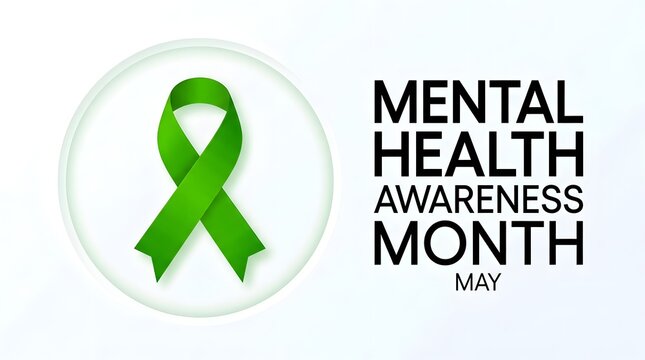 Mental health awareness month campaign illustration with a green ribbon and supportive text on a clean white background