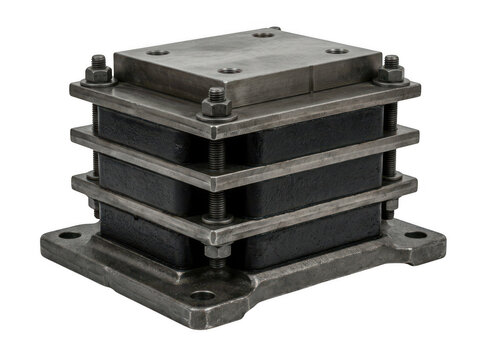 Industrial heavy duty vibration isolation mount isolated on transparent background for machine stability and noise reduction engineering
