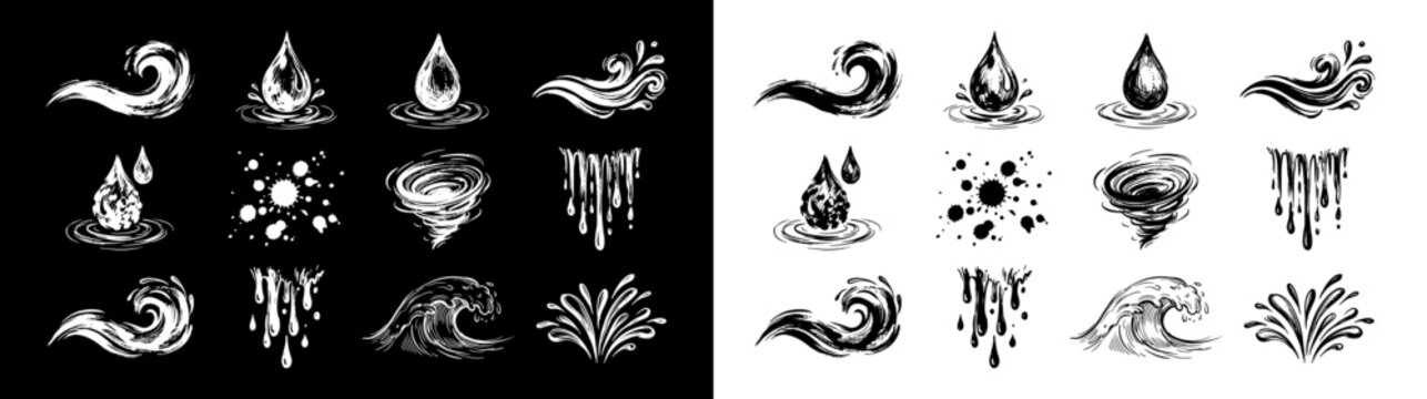 Hand drawn water splash icons, 12 liquid wave and droplet vector elements, black and white ink sketch ocean ripples, decorative sea surf symbols