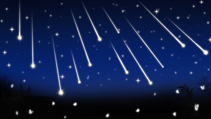 Meteor Shower and Shooting Stars Falling in Magical Dark Blue Night Sky Illustration © AleSea