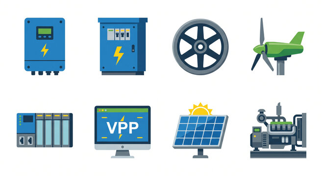 Isolated JPG illustration of a smart grid and industrial automation icon pack, featuring programmable logic controllers, inverters, and power plant infrastructure.