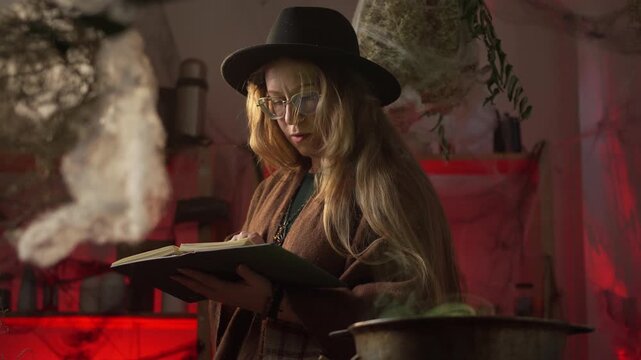A realistic witch brewing a potion. She is reading a spell from a handwritten book while standing over a cauldron. Everyday life and traditional witchcraft. Magic and a mystical atmosphere.